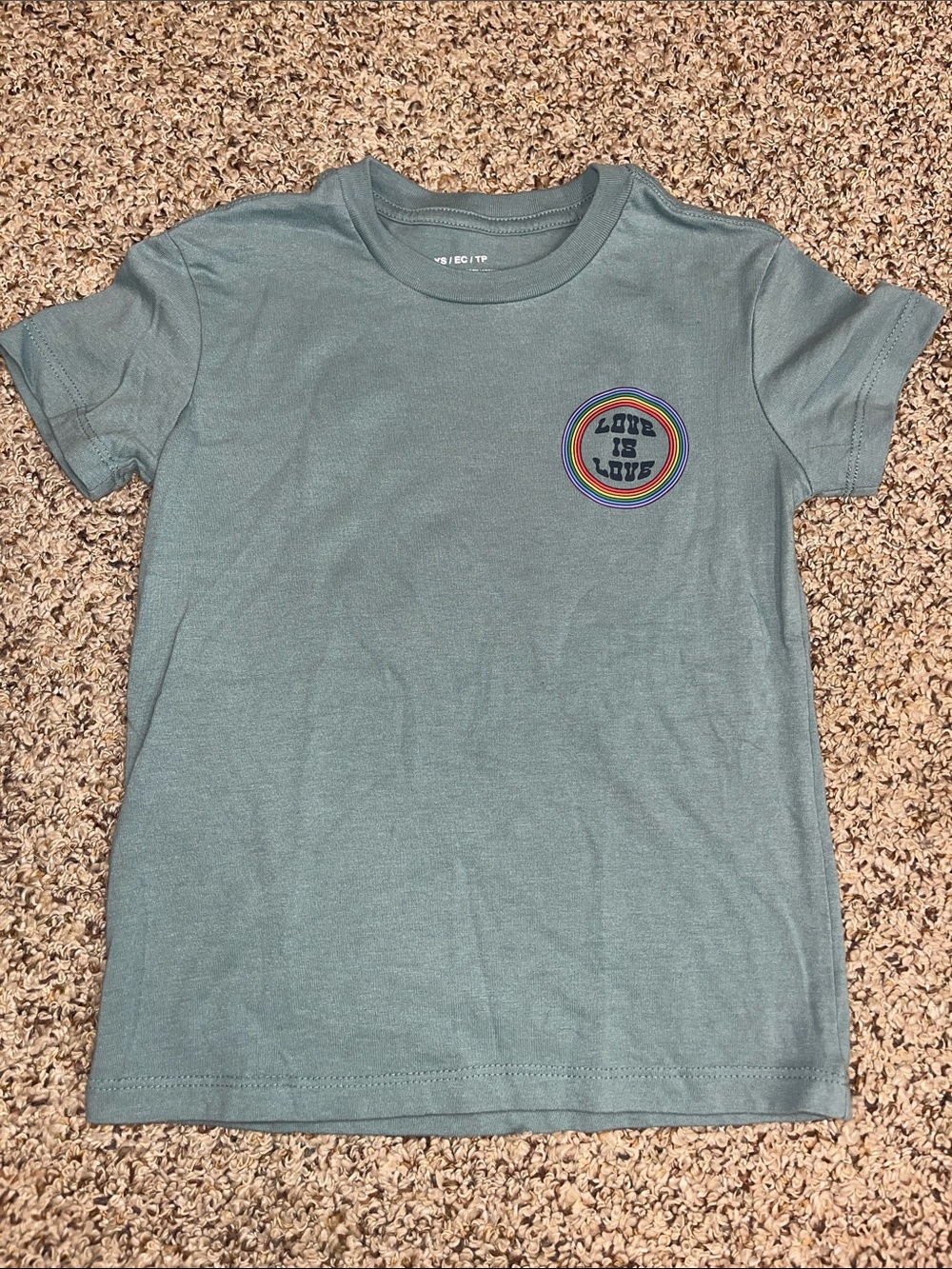 🍀6/$20 MAD Engine Sage Green Kids Tee with Rainbow 'Love Is Love' Patch